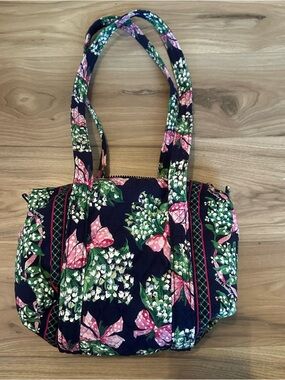 Vera Bradley Navy Quilted Tote with Pink Bow & Green Floral Print